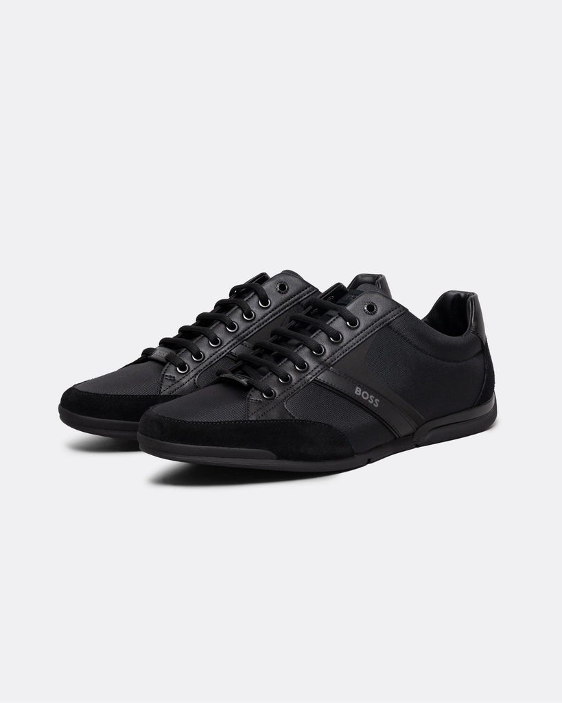 Hugo Boss Saturn Mens Low Profile Mixed Material Trainers With Suede and Faux Leather - Black Nappa Leather - Size UK 12